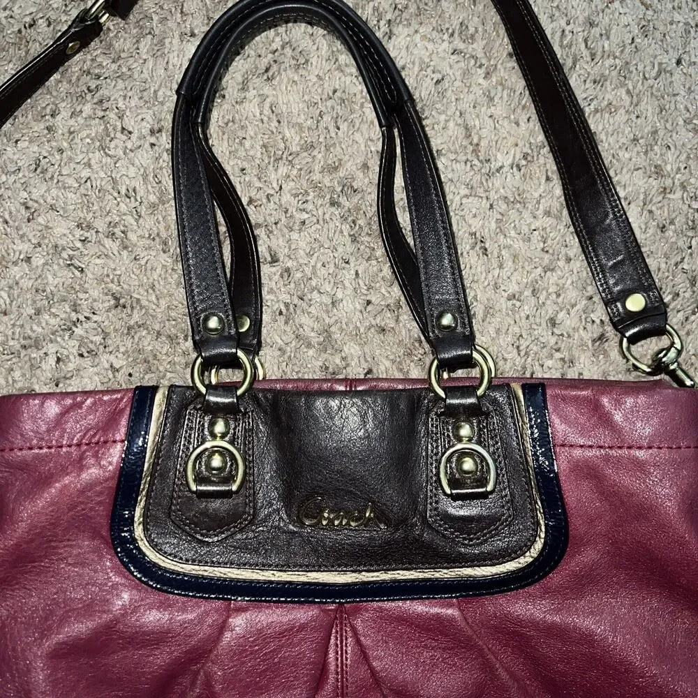 Vtg Coach Purse‎ Magenta Red Choco Brown Gold Leather Ashley Satchel Tote